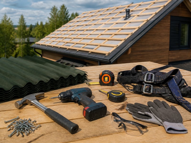 Что входит в смету: tools and materials laid out — Монтаж кровли из ондулина